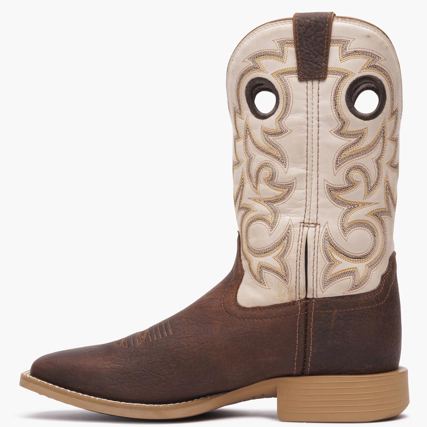 Interior view of Durango men's Shyloh cowboy boot with brown foot and bone shaft leather. 