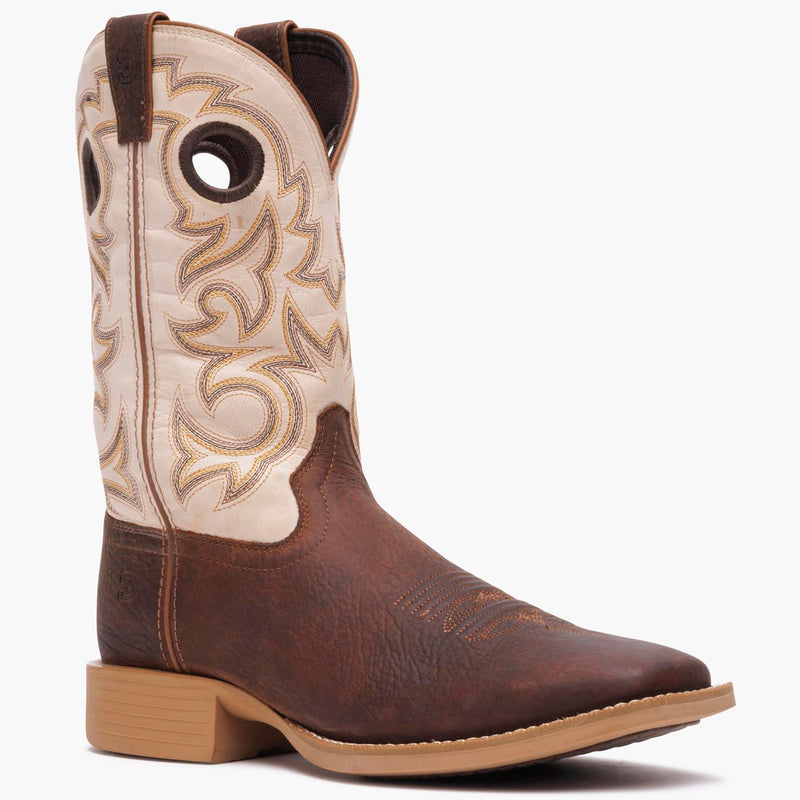 Front 3/4 view of Durango men's Shyloh cowboy boot with brown foot and bone shaft leather. 