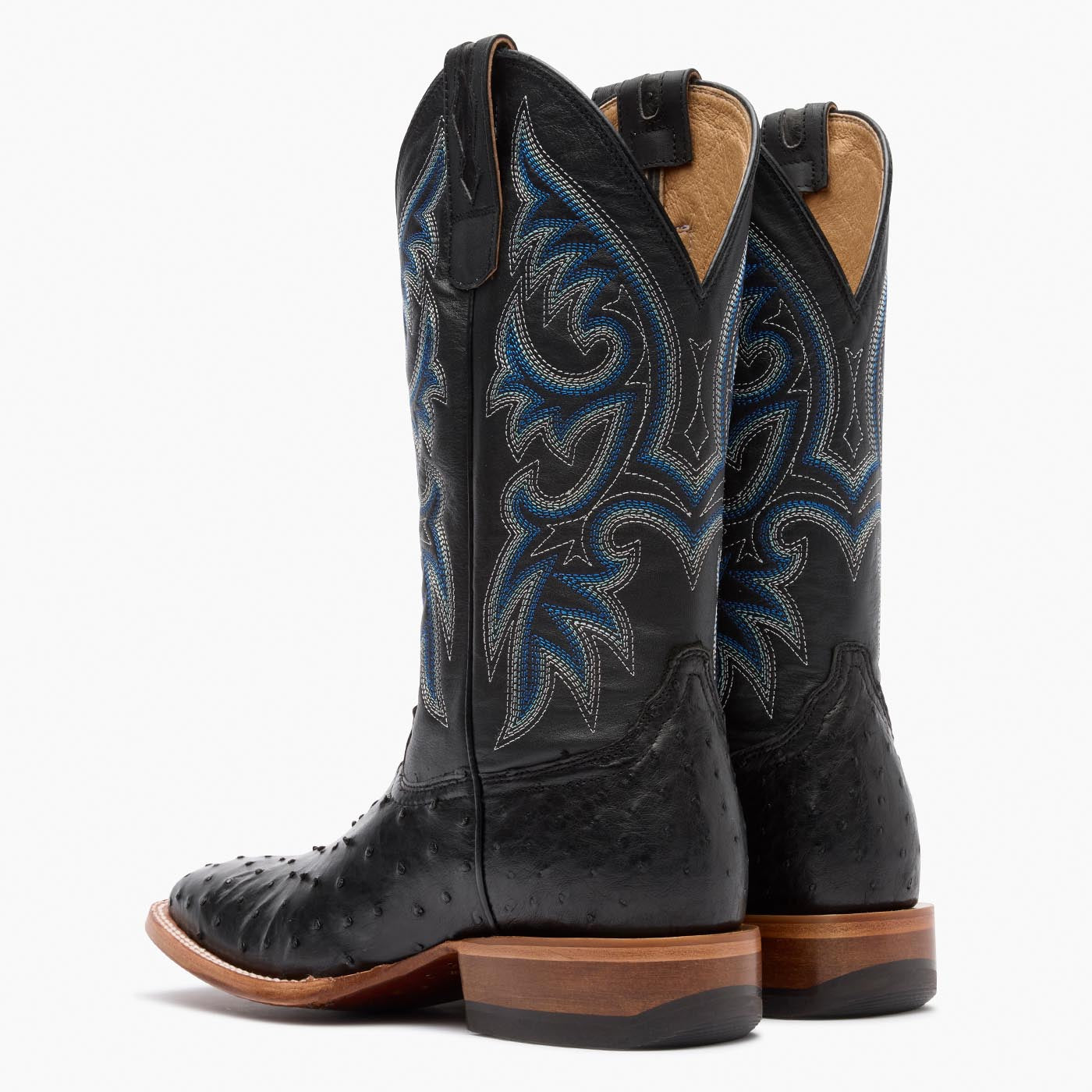 Back view of a pair of Durango Premium Exotic black square toe Ostrich western boots