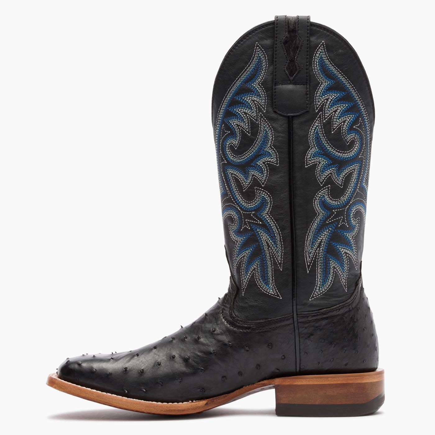 Inner side view of Durango Premium Exotic black square toe Ostrich western boot