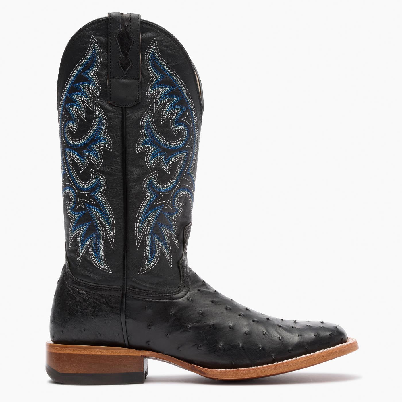 Side view of Durango Premium Exotic black square toe Ostrich western boot