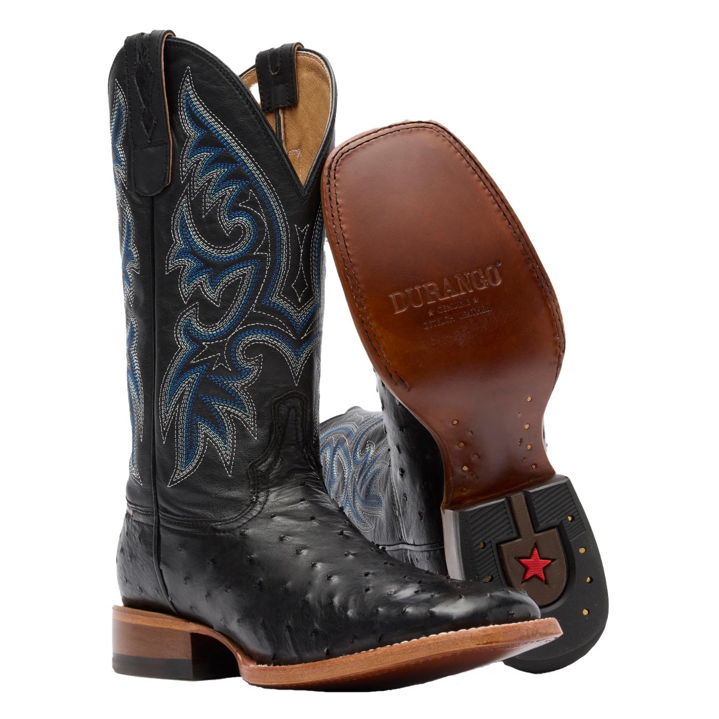 Outsole view of a pair of Durango Premium Exotic black square toe Ostrich western boots
