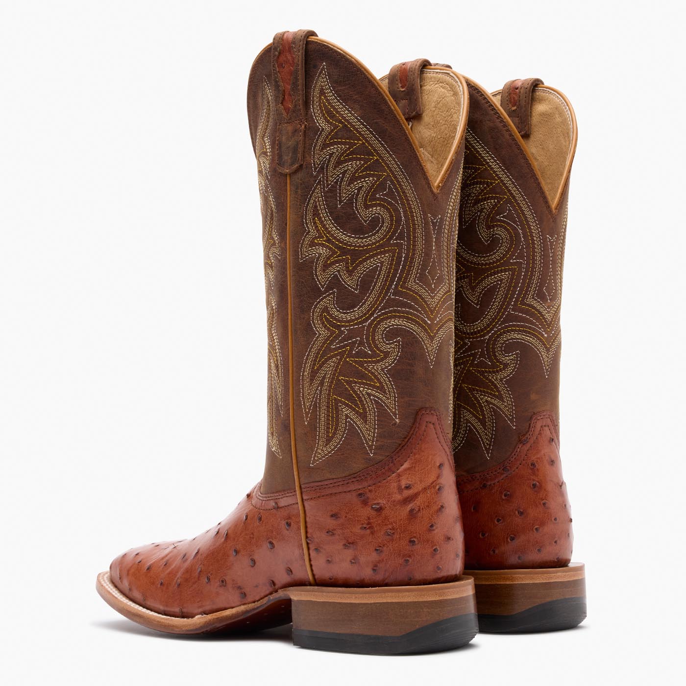 Back view of a pair of Durango Premium Exotic brown square toe Ostrich western boots