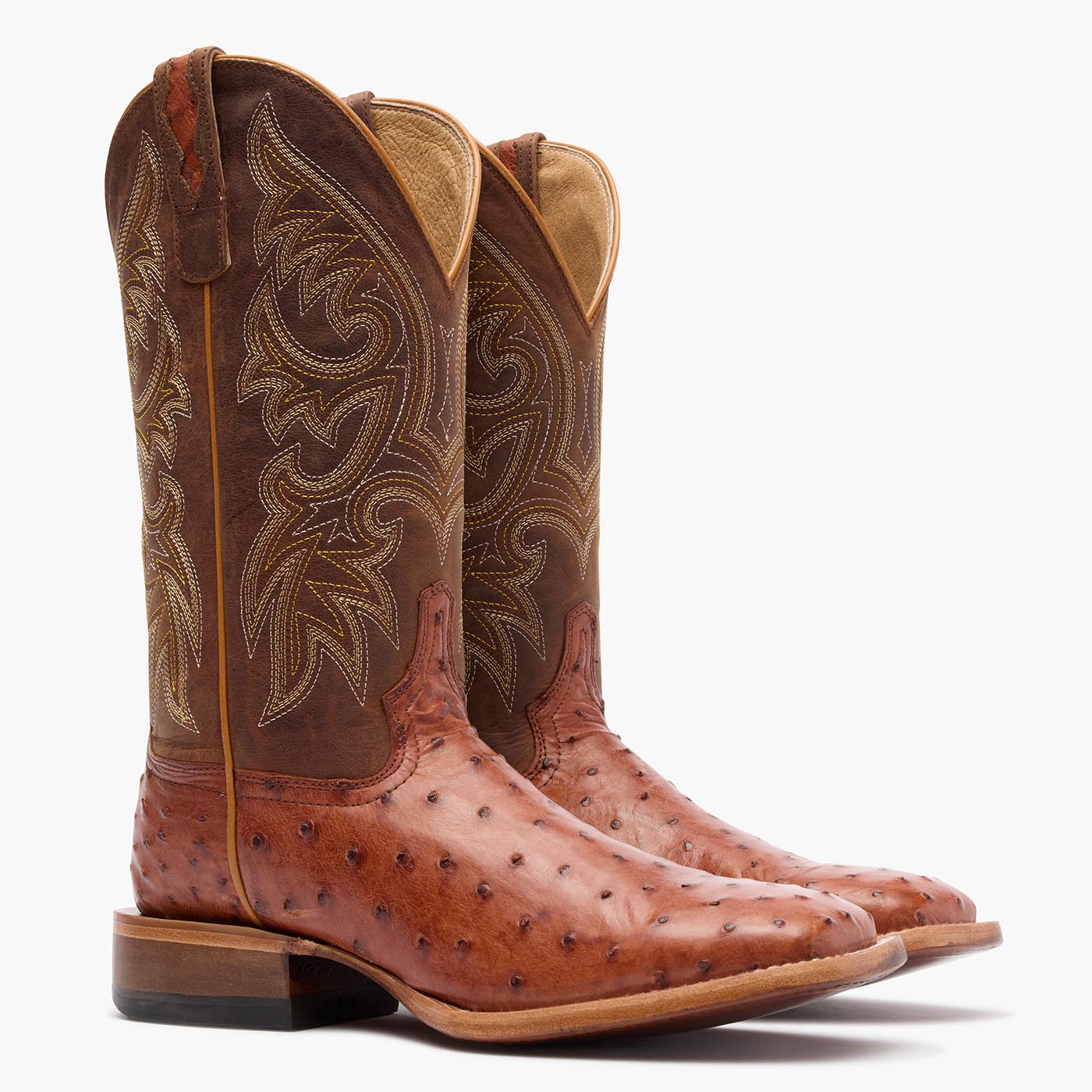 Front view of a pair of Durango Premium Exotic brown square toe Ostrich western boots