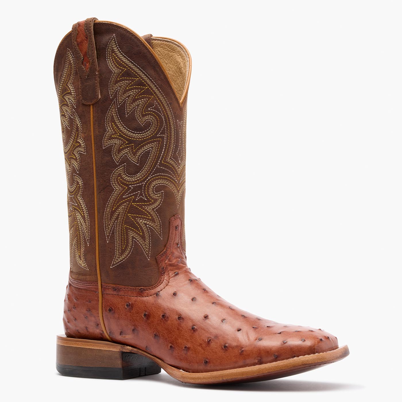 Front view of Durango Premium Exotic brown square toe Ostrich western boot