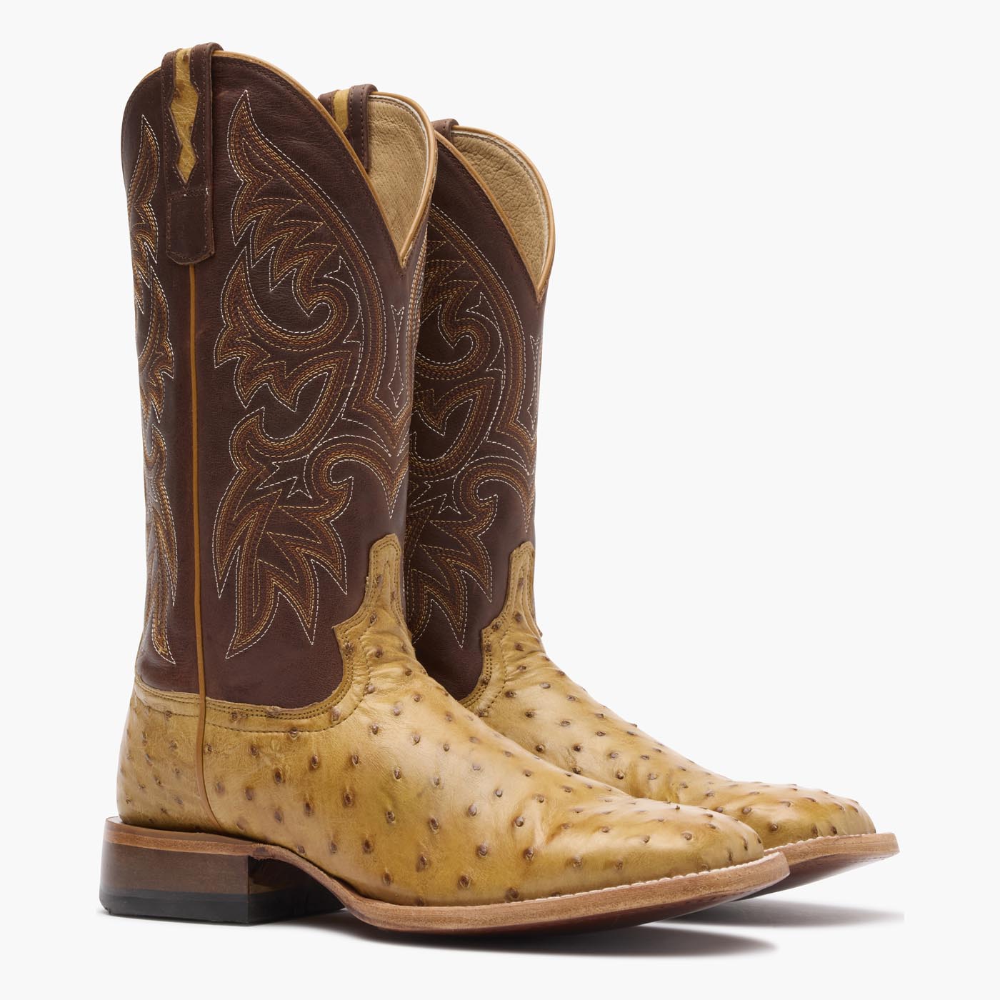 Front view of a pair of Durango Premium Exotic brown square toe Ostrich western boots