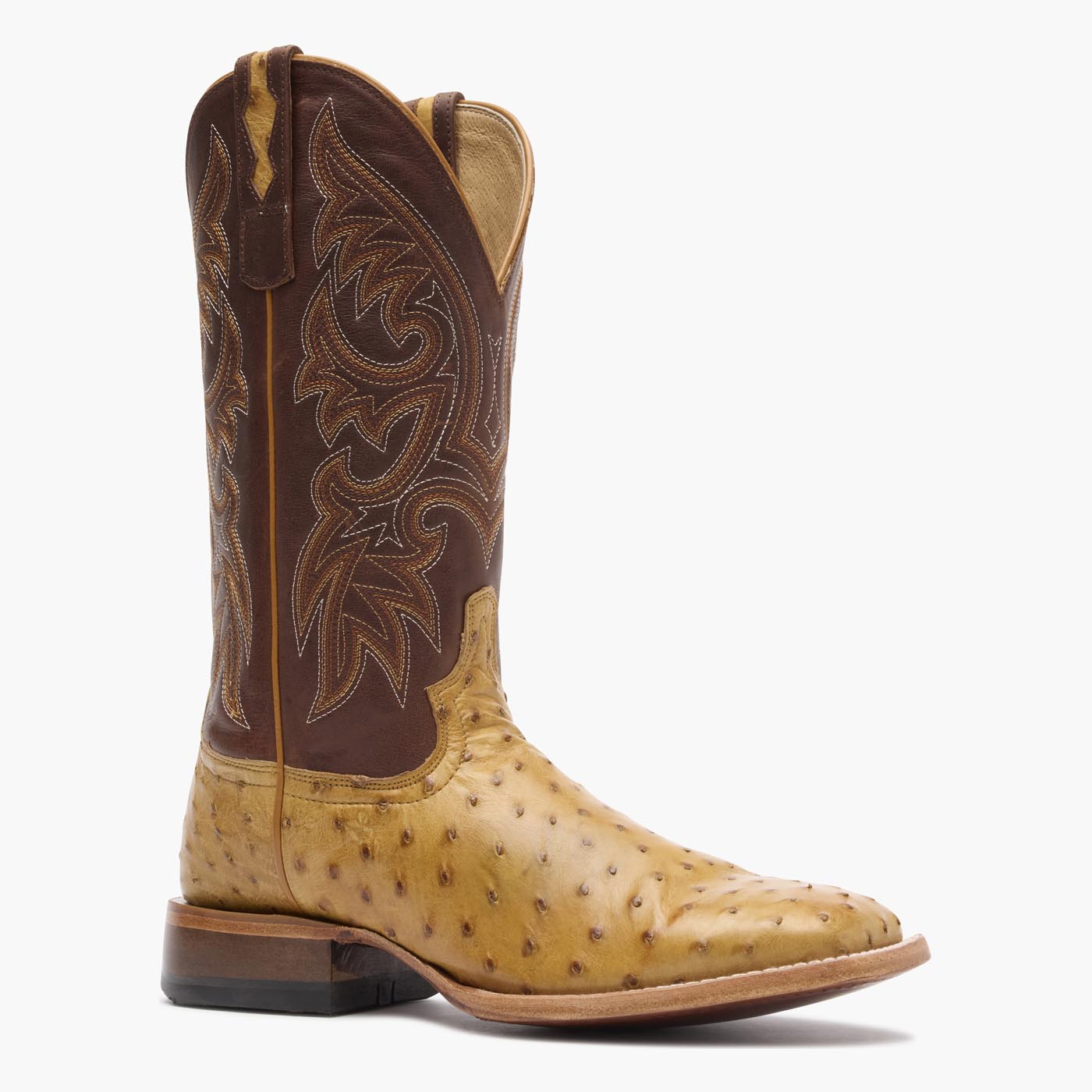 Front view of Durango Premium Exotic brown square toe Ostrich western boot
