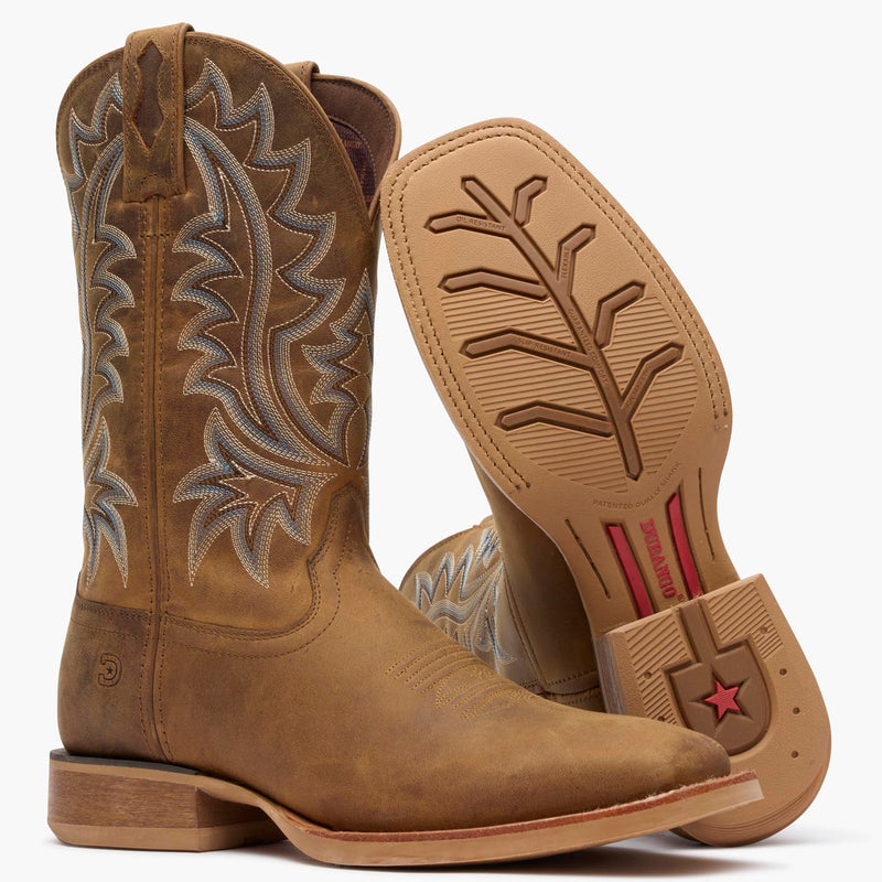 Front pair view of brown Durango Rebel Pro men's cowboy boots with rubber outsole showing