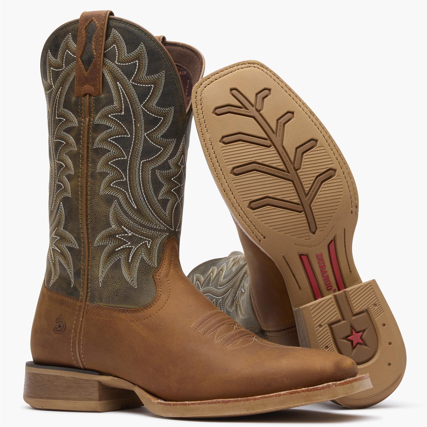 Front pair view of brown/green Durango Rebel Pro men's cowboy boots with rubber outsole showing.