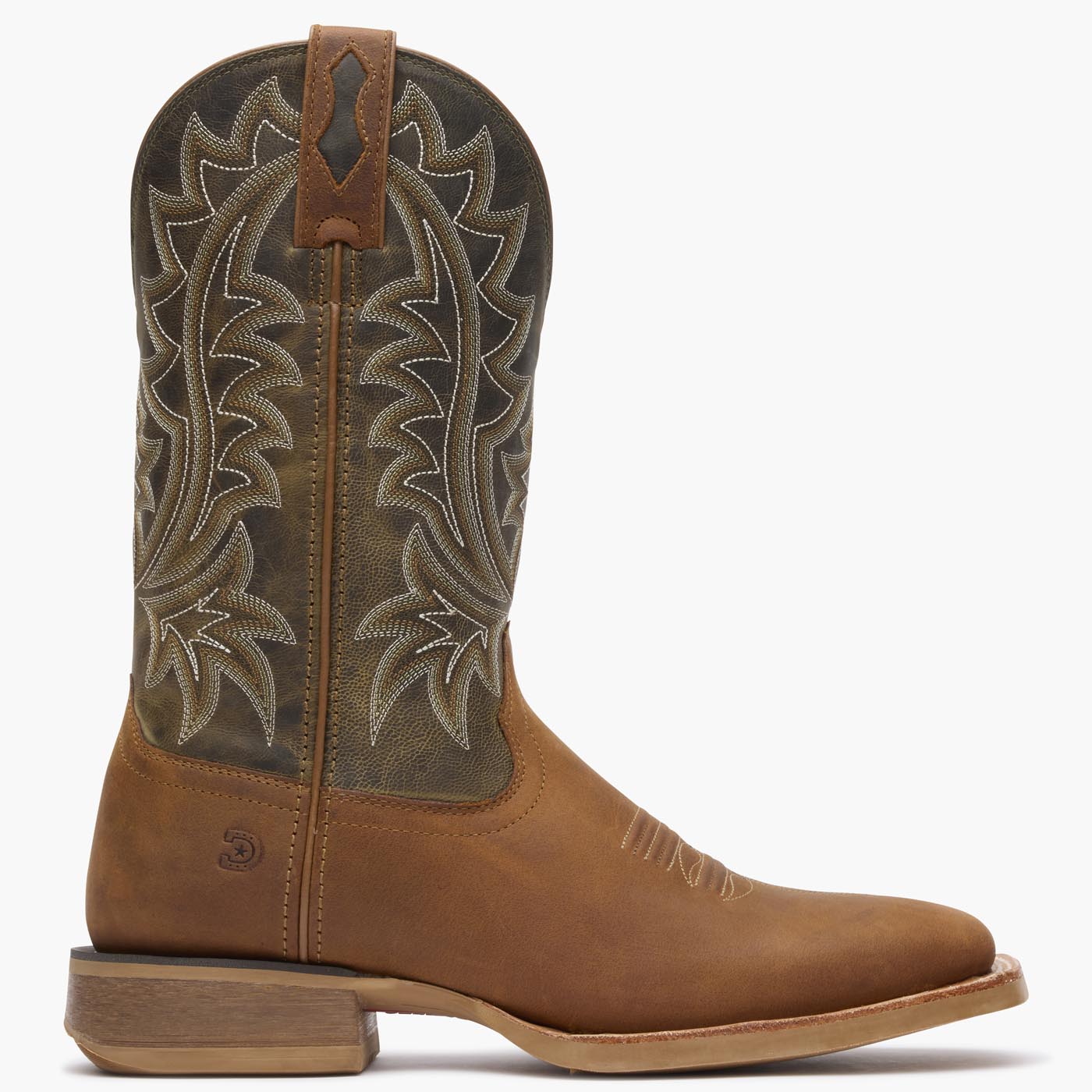 Outer side view of brown/green Durango Rebel Pro men's cowboy boots.