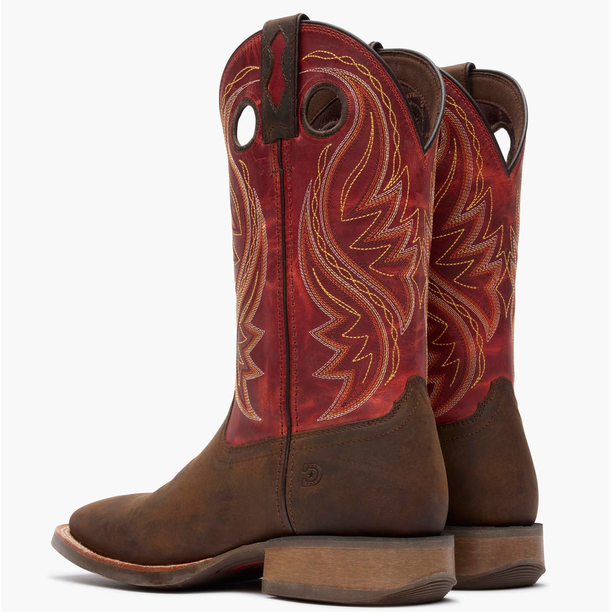 Back pair view of brown/red Durango Rebel Pro men's square toe cowboy boots