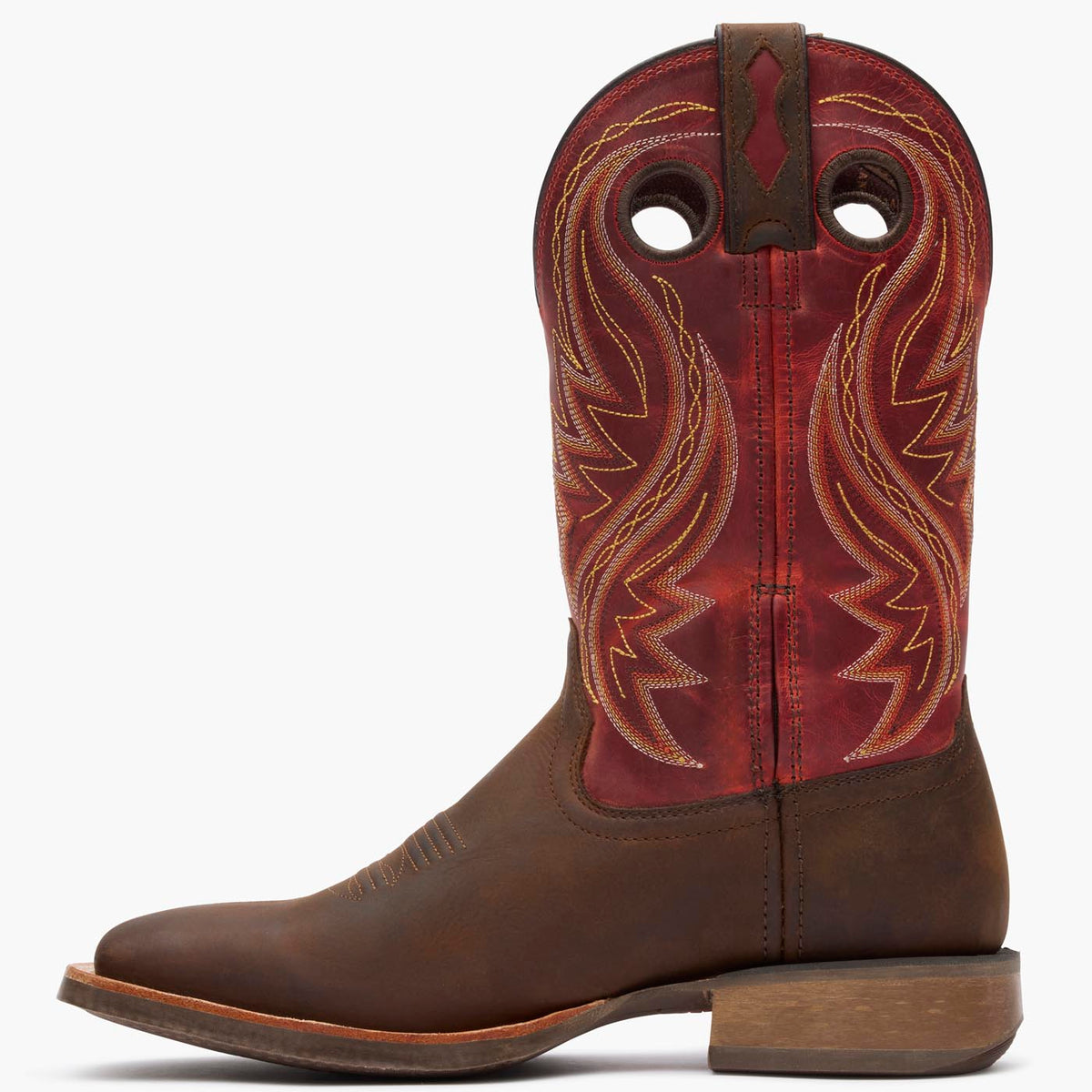 Inner side view of brown/red Durango Rebel Pro men's square toe cowboy boots