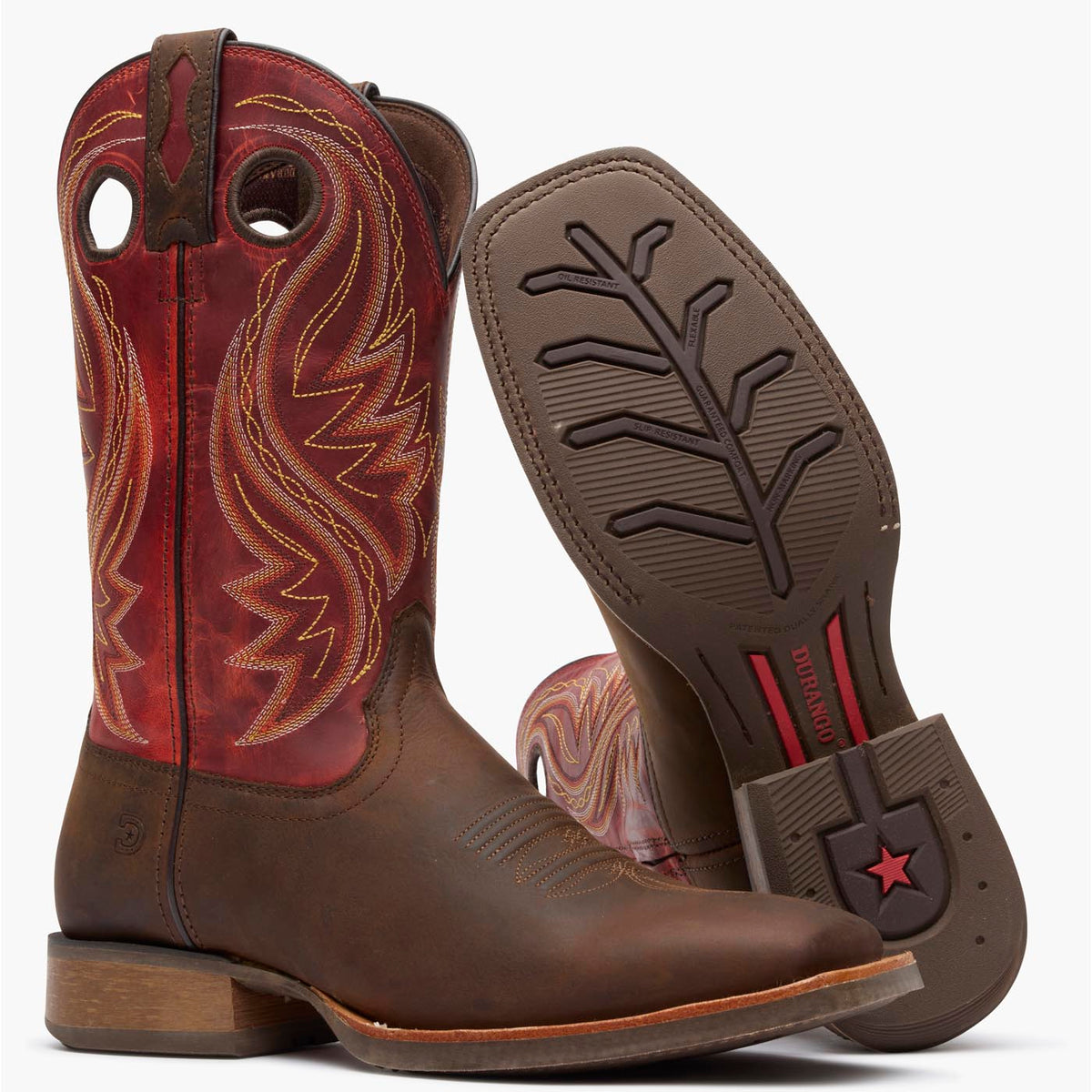 Front pair view of brown/red Durango Rebel Pro men's cowboy boots with rubber outsole showing