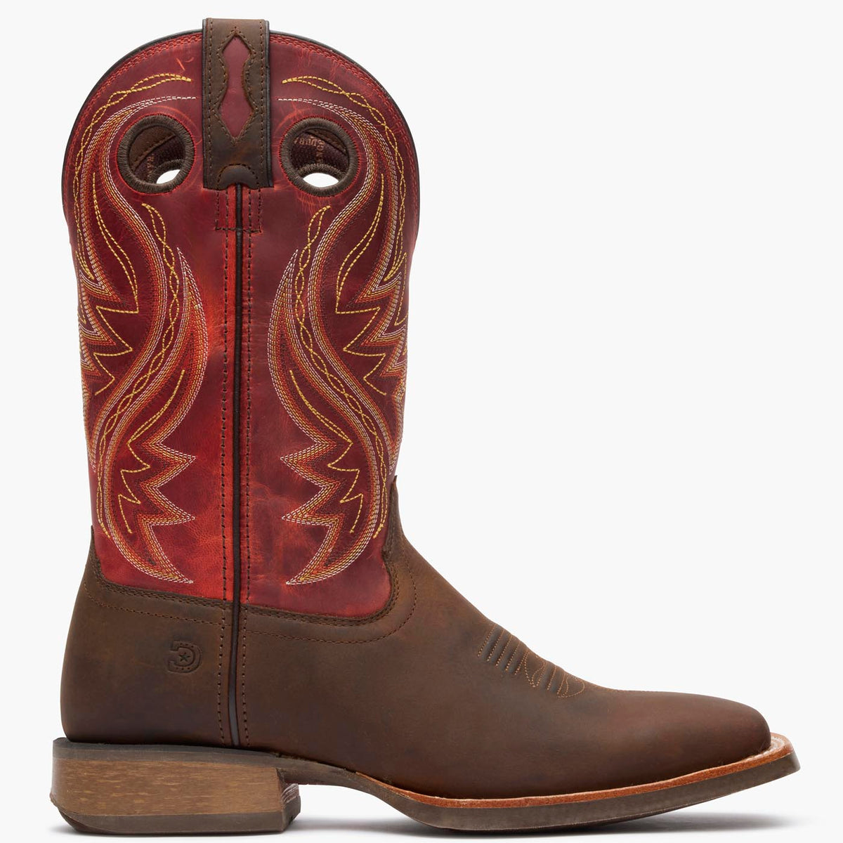Outer side view of brown/red Durango Rebel Pro men's square toe cowboy boots