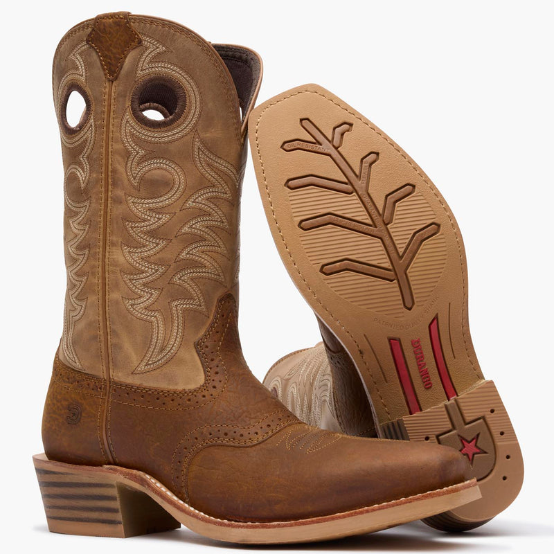 Front pair view of Durango Rebel Pro men's brown cowboy boots with rubber outsole showing