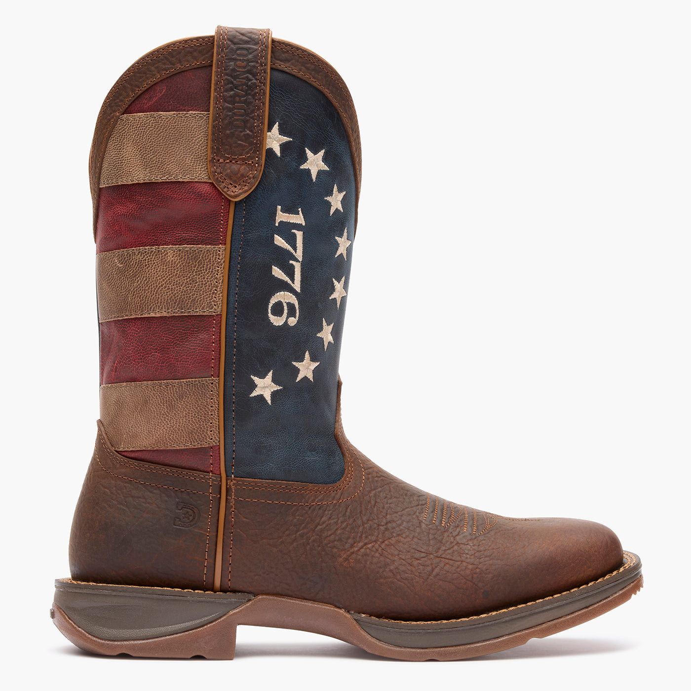 Outer side view of Durango America 250 Flag Boot with rubber outsole