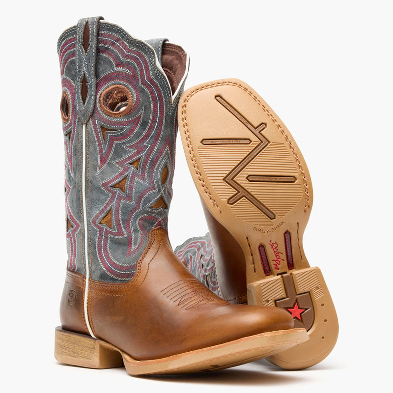 Front pair view of Durango® Lady Rebel Pro Women's Golden Brown & Periwinkle Western Boot