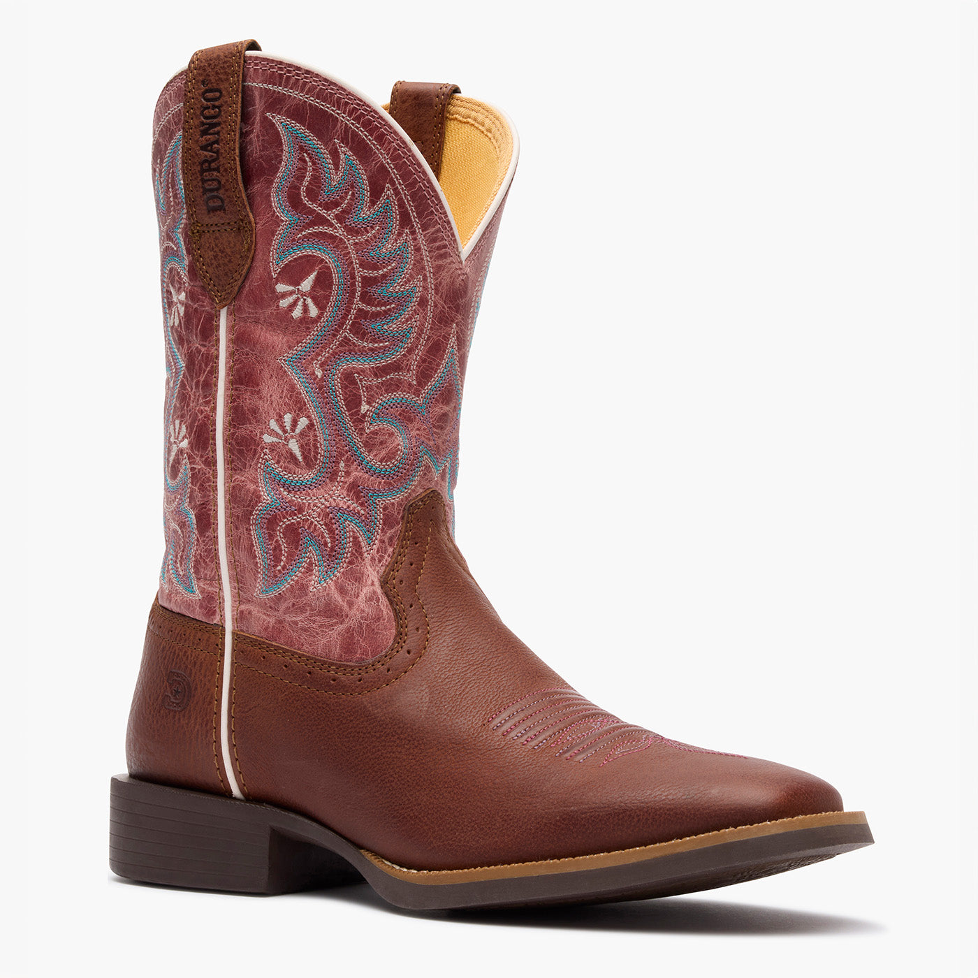 Front view of Durango women's dark pink and brown cowgirl boots