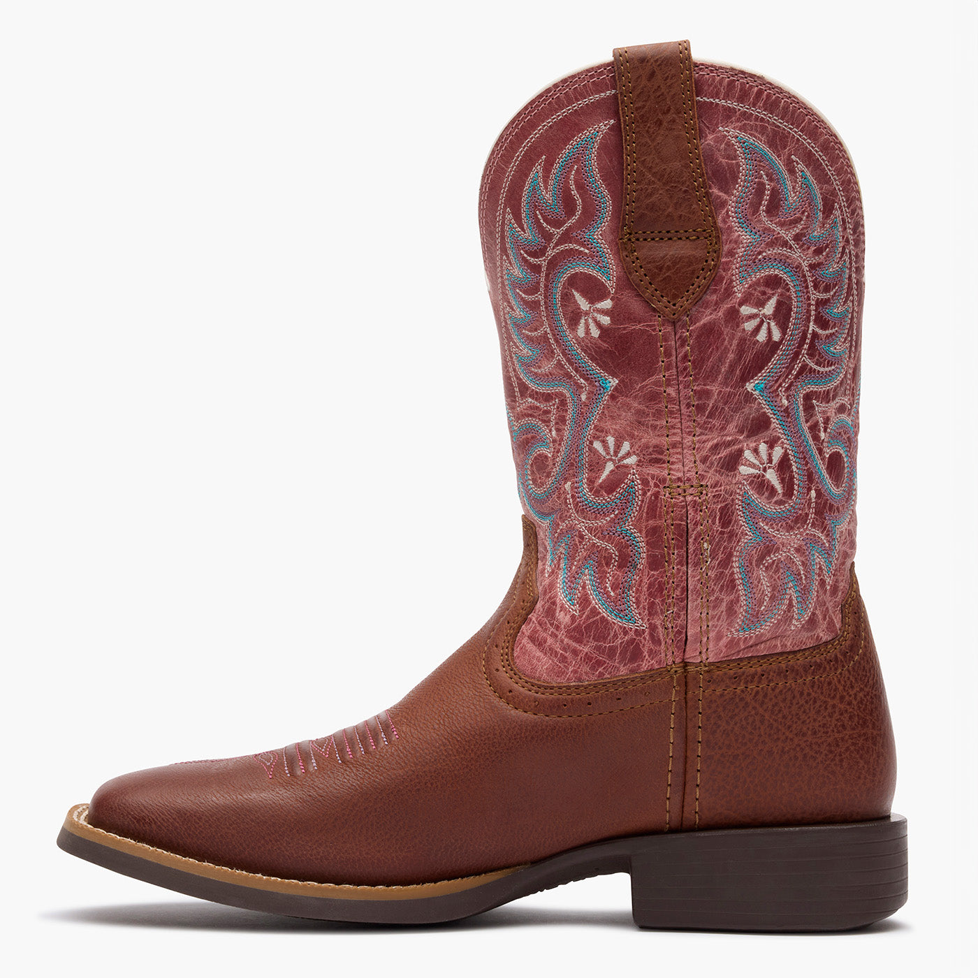 Brown cowboy boot with intricate pink and blue embroidery on a white background