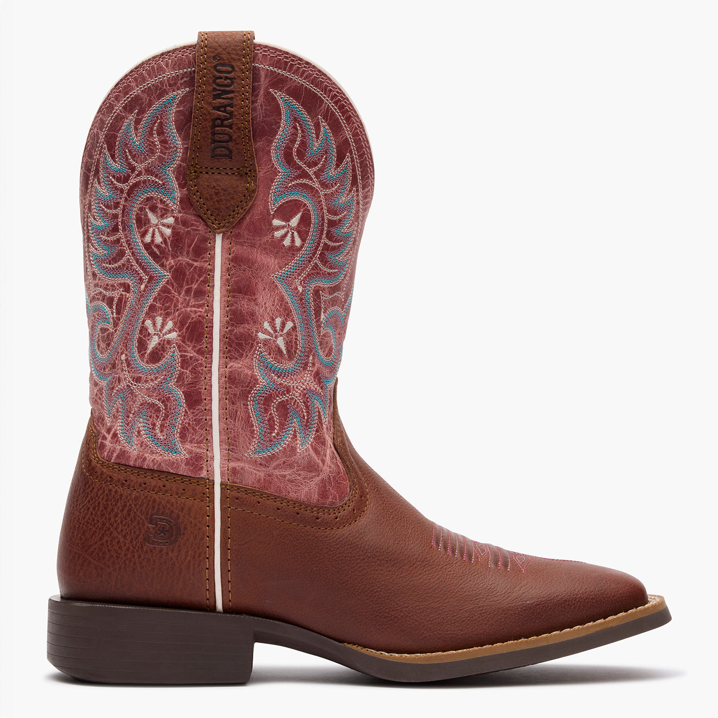 Brown cowboy boot with intricate red and blue stitching on a white background