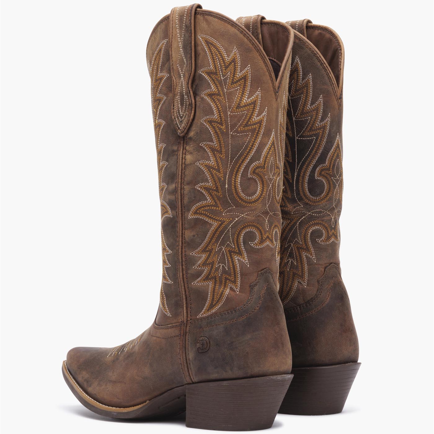 Back view of a pair of Durango brown cowgirl boots