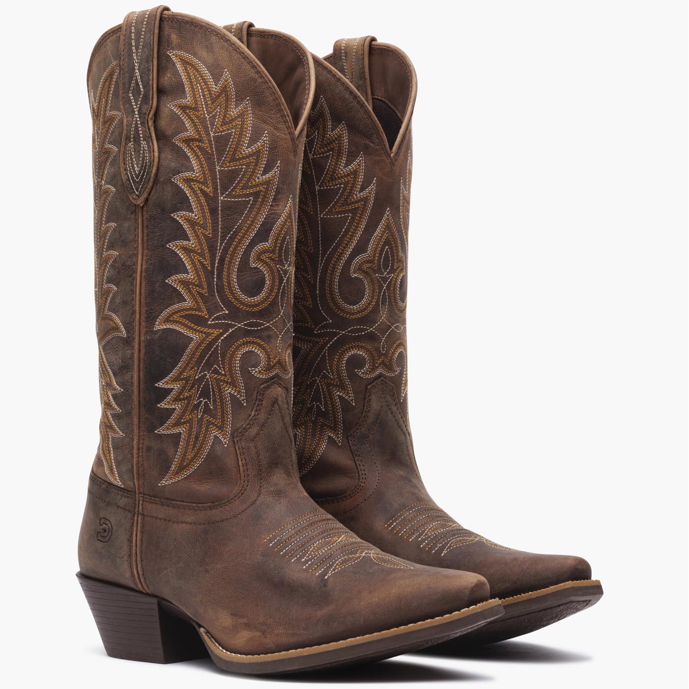 Front view of a pair of Durango brown cowgirl boots