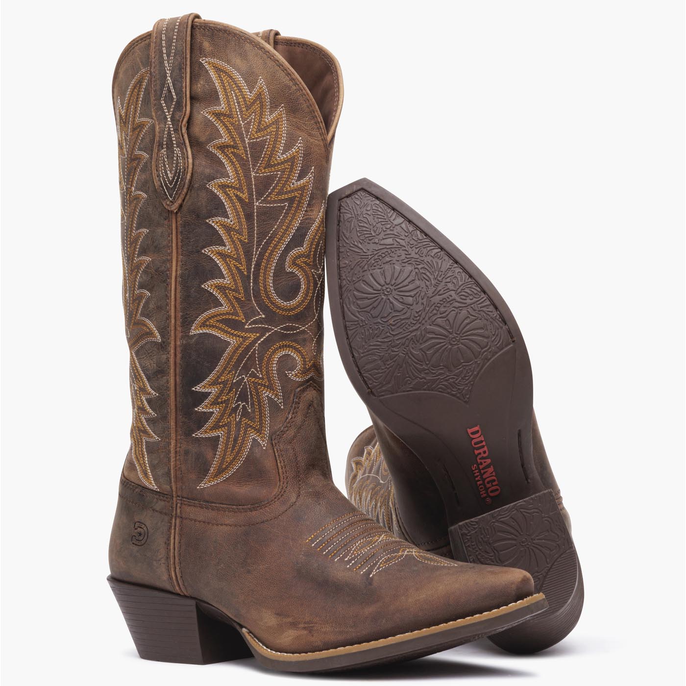 Front outsole view of a pair of Durango brown cowgirl boots