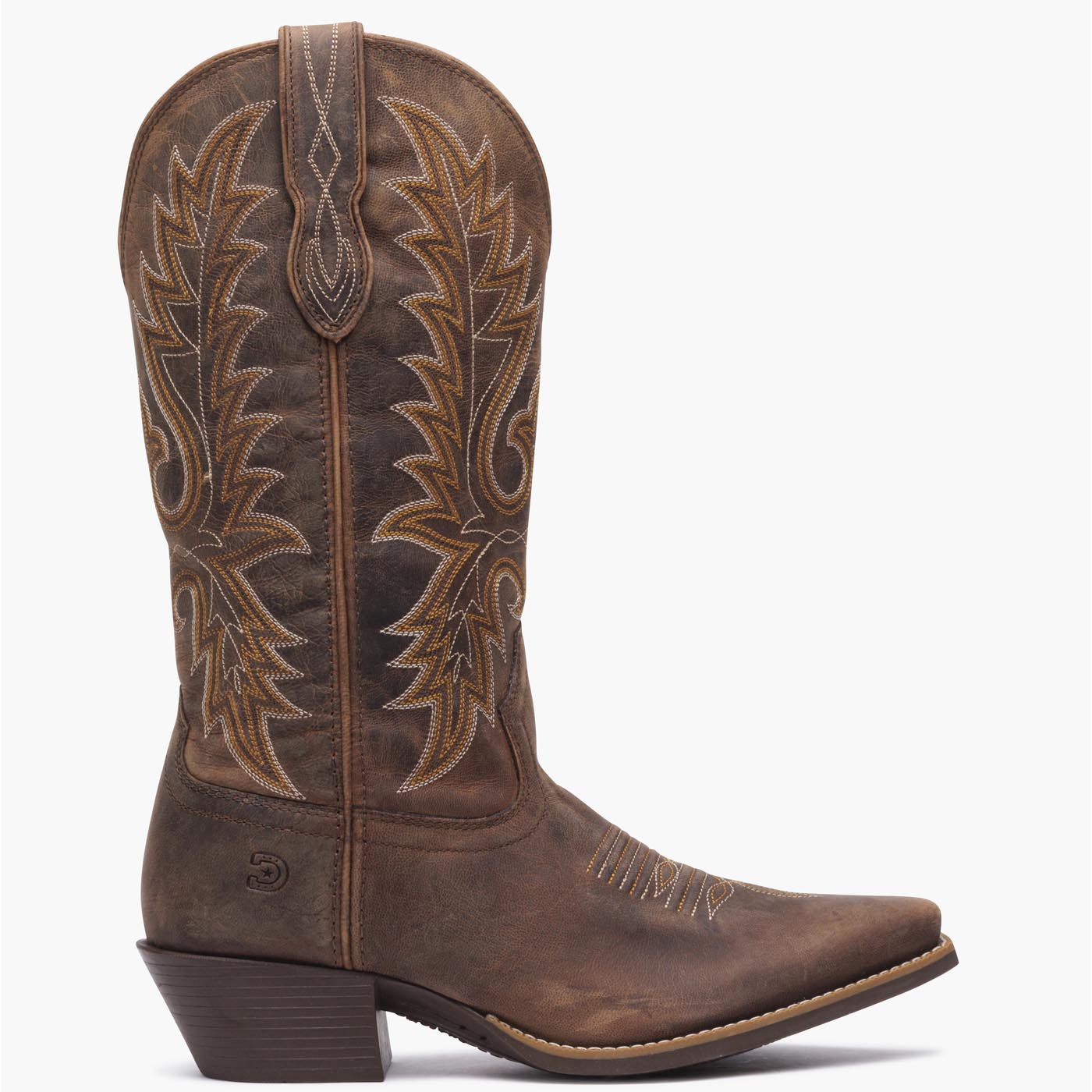 Exterior side view of a Durango brown cowgirl boot