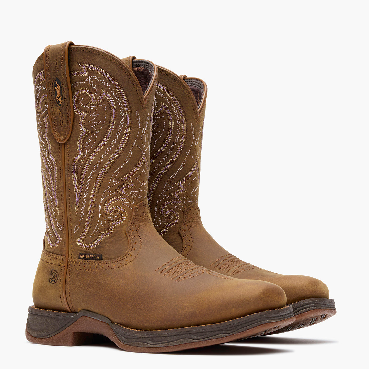 Front view of a pair of Durango women's brown cowgirl boots with waterproof badging