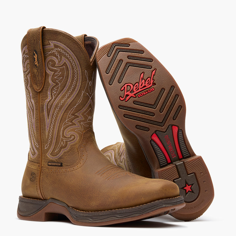 Front outsole view of a pair of Durango women's brown cowgirl boots with waterproof badging
