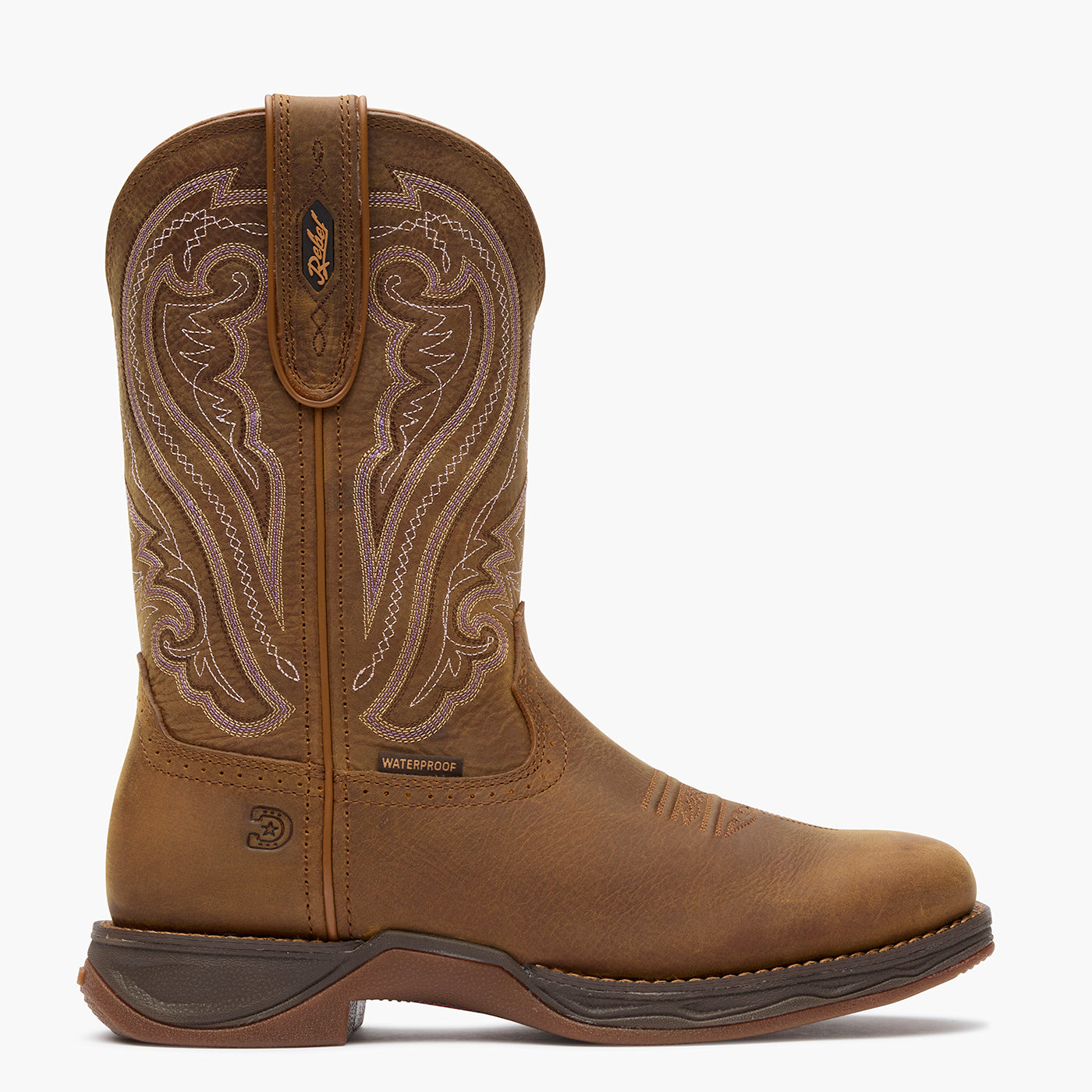 Outer side view of a Durango women's brown cowgirl boot with waterproof badging