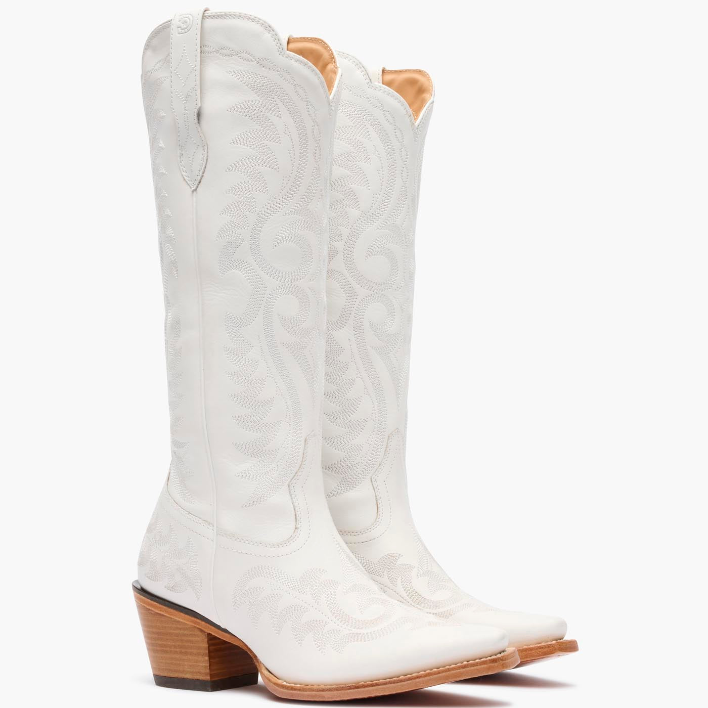 Front pair view of Durango white cowgirl boots with white stitching.