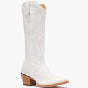 Front view of a Durango white cowgirl boot with white stitching.