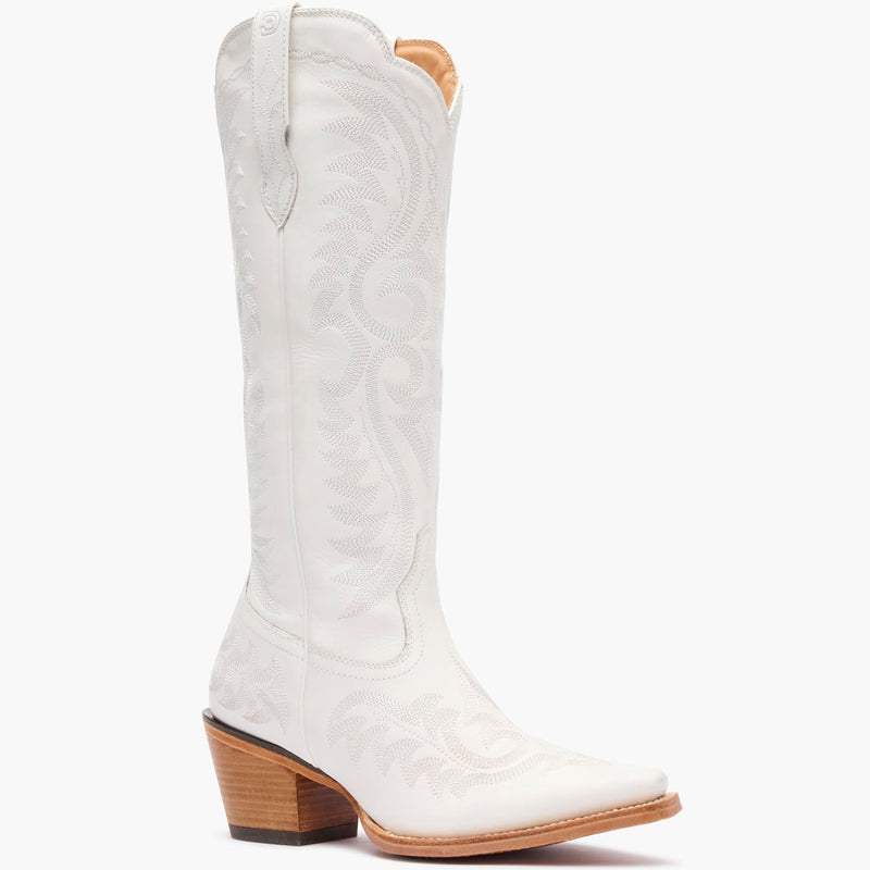 Front view of a Durango white cowgirl boot with white stitching.