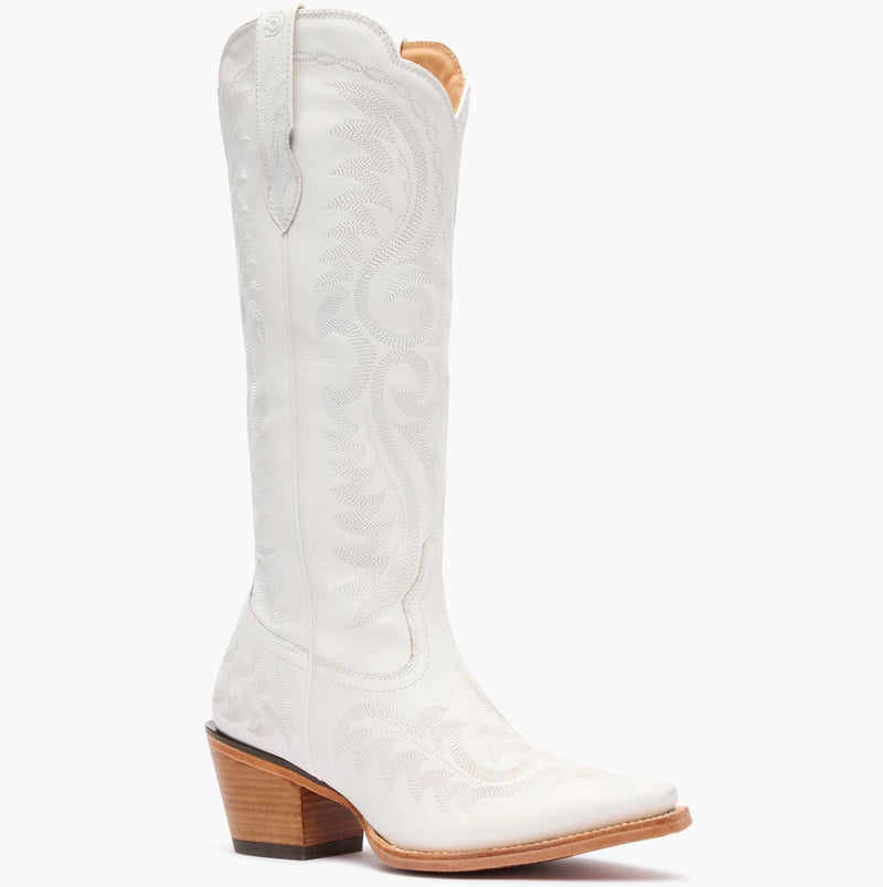Front view of a Durango white cowgirl boot with white stitching.