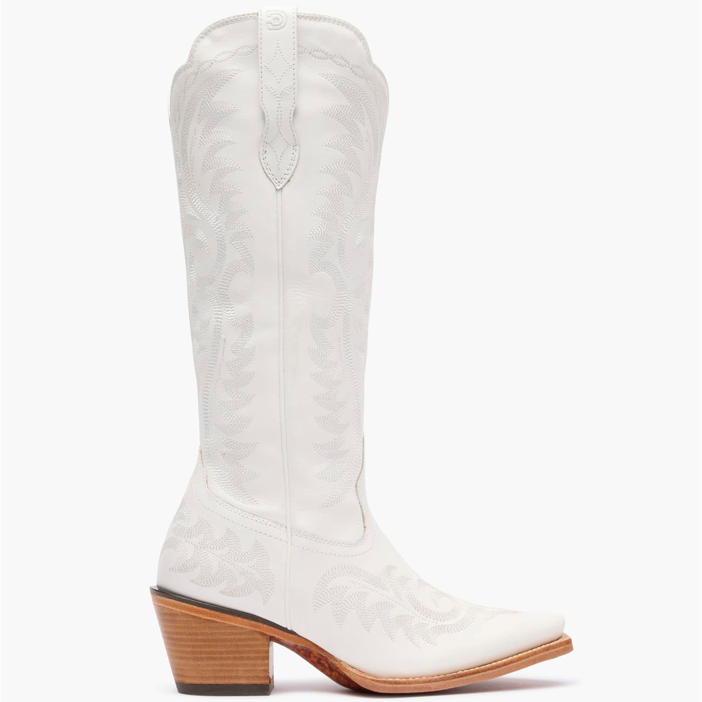 Outer side view of Durango white cowgirl boots with white stitching.