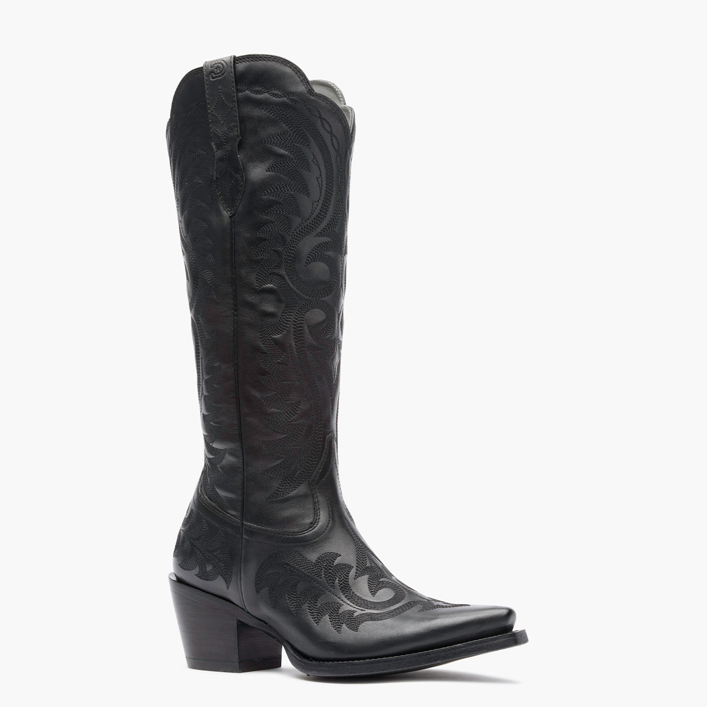 Front view of a Durango black cowgirl boot with black stitching.