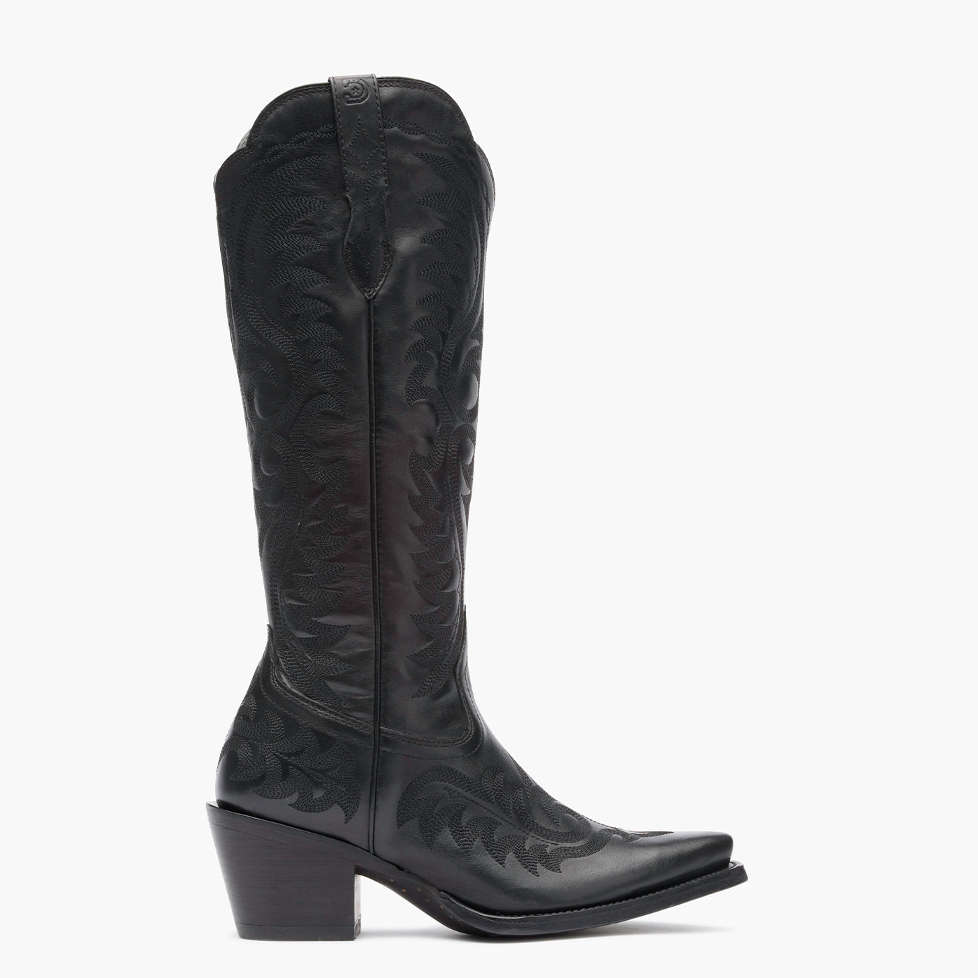Outer side view of a Durango black cowgirl boot with black stitching.