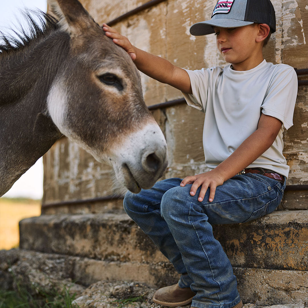 A young boy wearing a gray and black baseball cap, white t-shirt, and blue jeans sits on stone steps next to a donkey, gently petting its head.