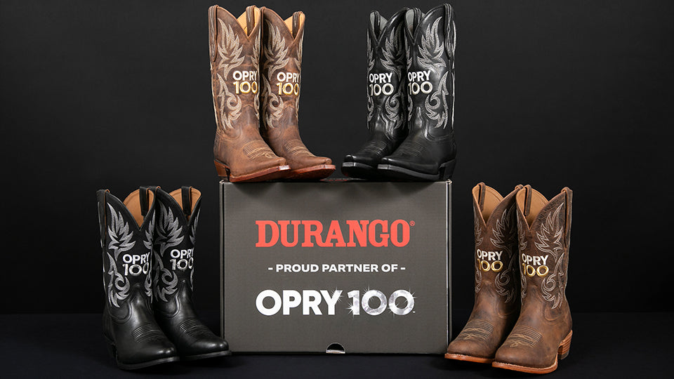 Durango Opry 100 Boots displayed with custom partnership box
