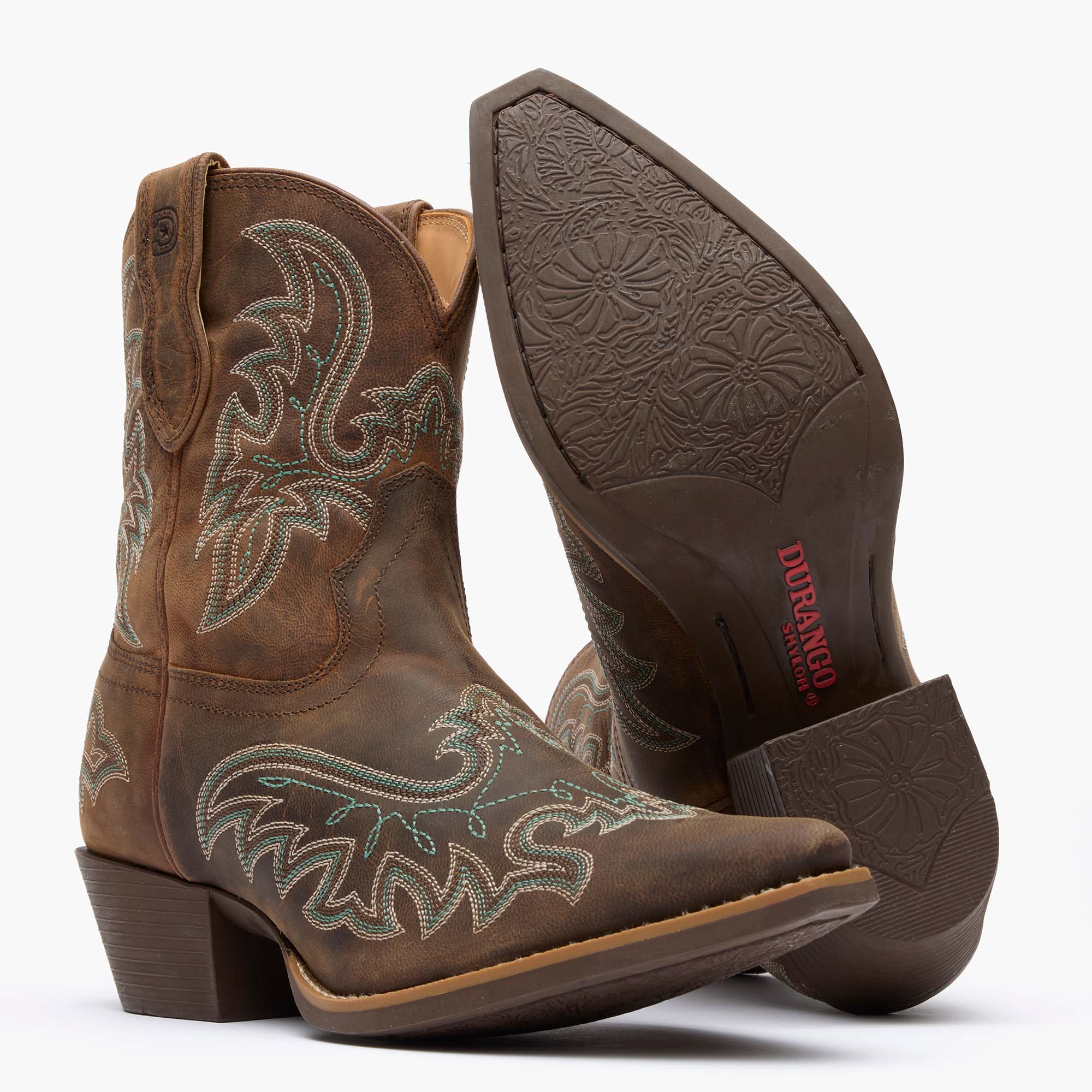 Front view of a pair of Durango Shyloh brown fashion toe western boots showing outsole