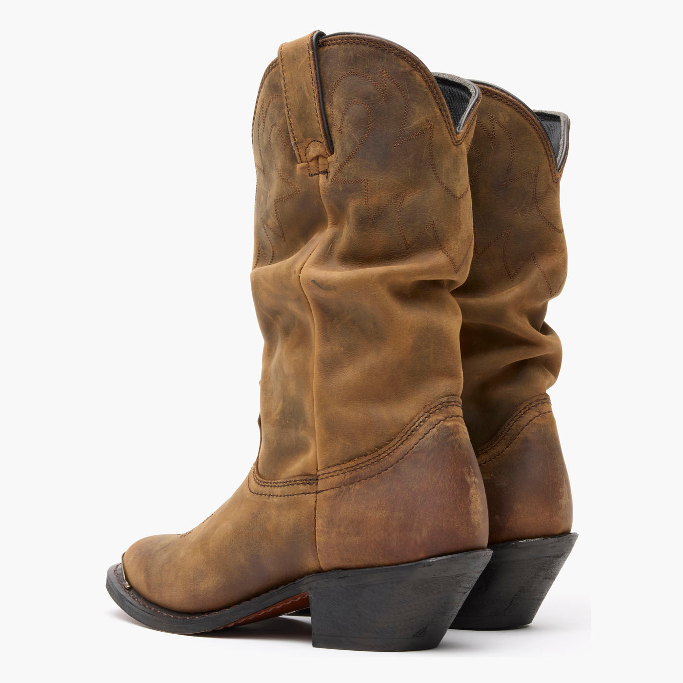 Back pair view of Durango® Women's Distressed Tan Slouch Western Boot