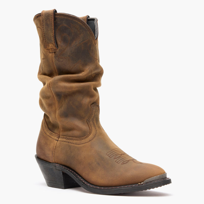 Front view of Durango® Women's Distressed Tan Slouch Western Boot