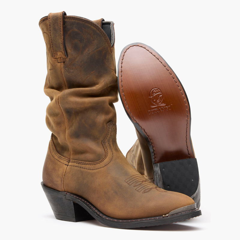Front pair view of Durango® Women's Distressed Tan Slouch Western Boot