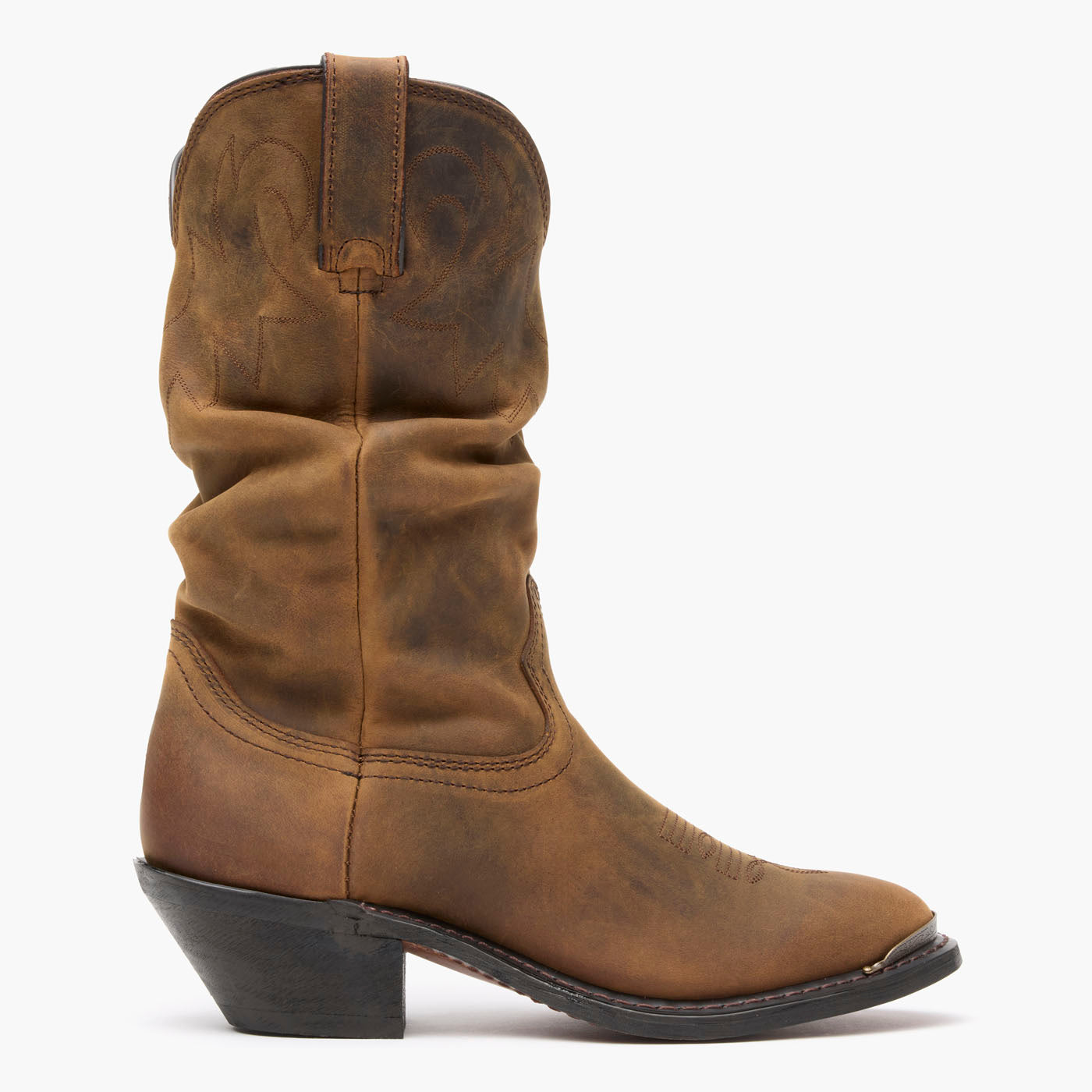 Outer side view of Durango® Women's Distressed Tan Slouch Western Boot