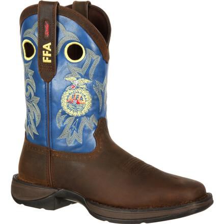 brown and blue duck boots